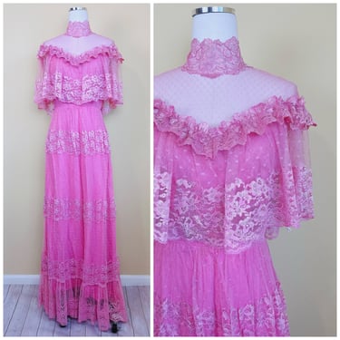 1970s Vintage Mauve Pink Lace Tiered Gown /  70s Sheer High Neck Victorian Dream Prairie Dress / Small - Medium 