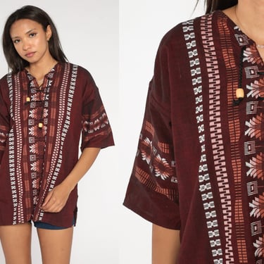 Embroidered Hippie Shirt Burgundy Guatemalan Embroidered Top Aztec Mexican Blouse Tunic Shirt Short Sleeve Bohemian Vintage Boho Large L 