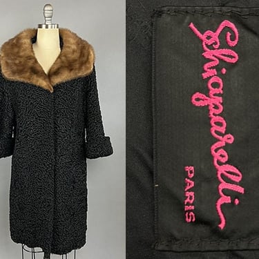 1950s Schiaparelli Fur Coat / 50s Black Persian Lamb Coat with Mink Collar / Coat with Fur Collar / Size Medium 