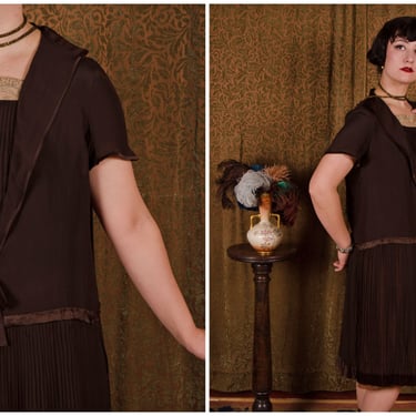 1920s Dress - Sweet Vintage 20s Silk Flapper Day Dress in Chocolate Brown Silk Chiffon with Bronze Silk Slip 