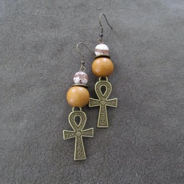 Ankh Egyptian African earrings, fertility symbol, Afrocentric etched bronze 