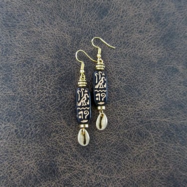 Egyptian African earrings, cartouche earrings, ethnic tribal earrings, hieroglyphic earrings, black Czech glass 