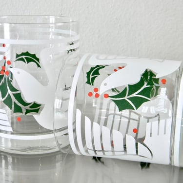 Pair of Vintage Neiman Marcus Modernist Dove and Holly Double Rocks Glasses, Retro 80s Deco Inspired Christmas Whiskey Glasses, 