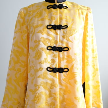 Stunning Vintage Canary Yellow &amp; Black Silk Chinese Jacket / Sz M