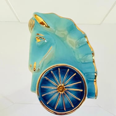 Vintage 1950s Art Deco Gold and Blue Porcelain Ceramic Horse Trinket Dish Ashtray 