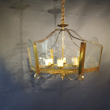 Vintage Brass Chandelier with Beveled Glass, 19 x 15