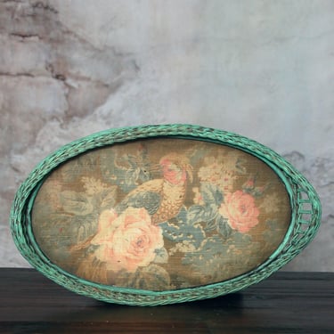 Vintage wicker tray with bird /  green oval rattan tray / French country tray with bird and roses / shabby chic / vanity tray / serving tray 