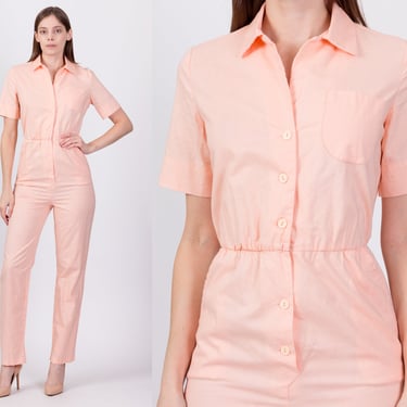 Small 80s Peach Button Front Jumpsuit | Vintage Fitted Waist Short Sleeve Collared Pantsuit 