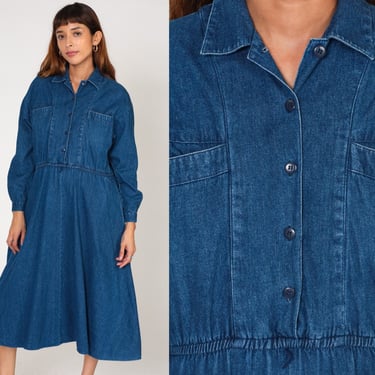 90s Denim Midi Dress Blue Jean Shirtdress Button Up High Waisted Collared 1990s Grunge Normcore Vintage Retro Long Sleeve Pocket Medium 10 