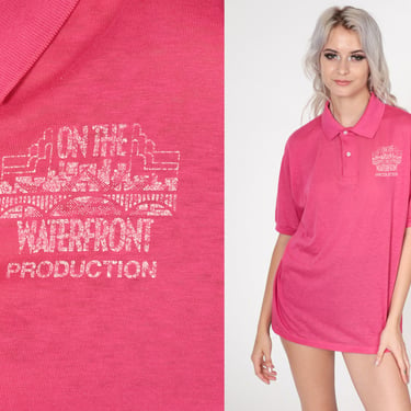 Pink Polo Shirt 90s On The Waterfront Production Uniform Collared Shirt Graphic Tee Short Sleeve Single Stitch Vintage 1990s Medium Large 