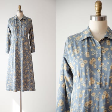 cute cottagecore dress | 90s vintage Eddie Bauer sunflower floral light blue long sleeve midi dress 