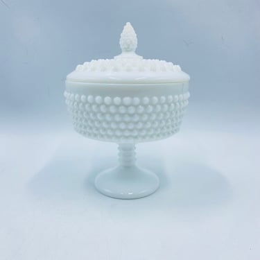 Fenton Hobnail White Milk Glass Covered Compote, Candy Dish with Lid, Pedestal, Bowl with Cover, Vintage Glassware 
