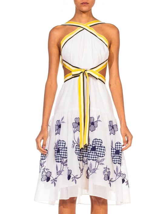 MORPHEW COLLECTION White Blue Floral Embroidered Cotton Lawn Backless Dress With Yellow Ribbon 