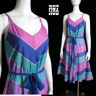 Lovely Vintage 70s 80s Purple Blue Turquoise Chevron Stripe Sun Dress 