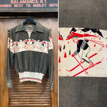 Vintage 1950’s Atomic Skier Ski Design Corduroy Gaucho Pullover Rockabilly Shirt, 50’s Vintage Clothing 