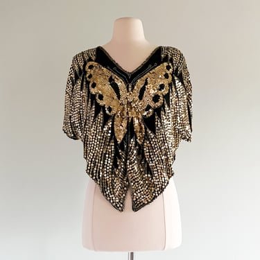 Black &amp; Gold Butterfly Sequin GLAM Party Top / Sz M/L