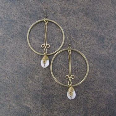 Brass and cowrie shell hoop earrings 