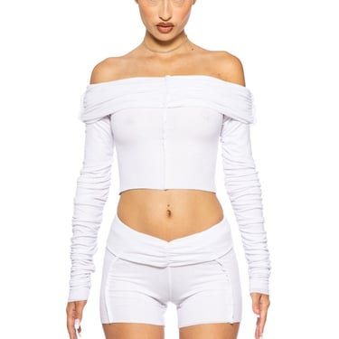 FOLD OVER SHIRRED LONG SLEEVE TOP IN WHITE RIB