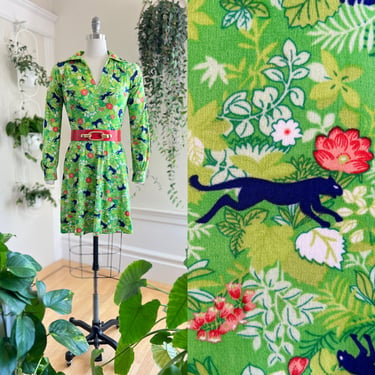 Vintage 1970s Dress | 70s Panther Big Cat Novelty Print Floral Jungle Green Long Sleeve Jersey Knit Mini Skater Dress (x-small/small) 