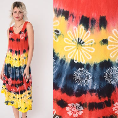 Tie Dye Floral Dress Y2k Tropical Stamped Print Midi Dress Sleeveless Sundress Hippie Red Yellow Blue Vintage 00s Oversized Small Medium 