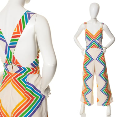 Vintage Style Jumpsuit | 1970s 70s Inspired Rainbow Overalls Wide Leg Geometric Zig Zag Jumpsuit from Vintage Materials (medium/large) 