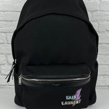 Saint Laurent Lightning Bolt Logo City Backpack in Nylon Canvas and Leather, Black