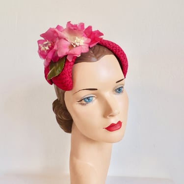 1950's Magenta Pink Red Fascinator Hat with Fabric Flowers Trim 50's Spring Summer Millinery Rockabilly I Magnin & Co 