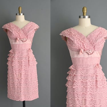 vintage 1950s dress | Jean Of California Pink Lace Wiggle Dress | Small Medium 