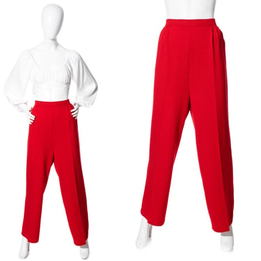 Vintage 1980s Pants | 80s ST JOHN Red Knit Wool High Waisted Wide Leg Stretchy Trousers (large/x-large) 