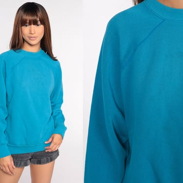 Raglan Sleeve Sweatshirt Turquoise Blue Crewneck Sweatshirt 80s Plain Long Sleeve Shirt Slouchy Vintage 1980s Sweat Shirt Extra Large xl l 