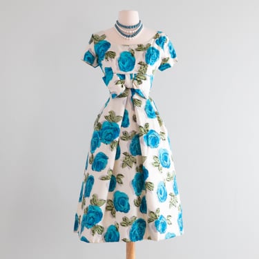 The Prettiest 1950's Rappi Silk Party Dress With Blue Rose Print / Small