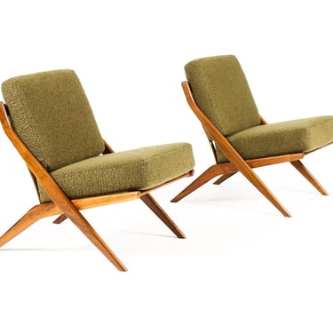 Danish Modern / Mid Century Walnut Scissor Lounge Chairs — Folke Ohlsson for Dux — Olive Bouclé 