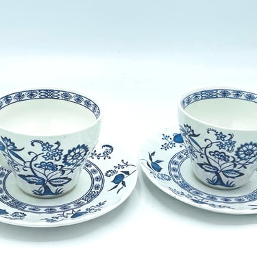 Vintage 1960's J & G MEAKIN Blue Nordic Blue White (2) Cups Saucers, Ironstone England 