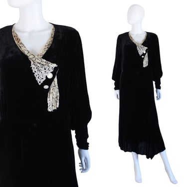 1930s Black Velvet Dress with Bishop Sleeves & Lace Detail - 30s Velvet Dress - 30s Black Velvet Dress - 30s Silk Velvet Dress | Size Large 