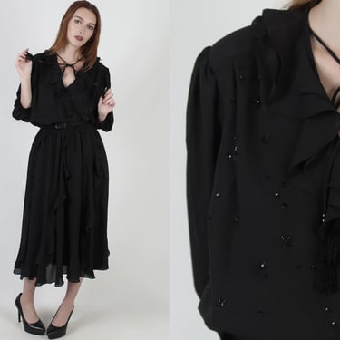 80s Mosaic Brand Ruffle Dress / All Black Evening Midi / Georgette Style Metallic Evening Dress / Tassel Tie Neckline 