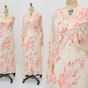 Vintage 90s 00 Y2K Bias Cut Silk Dress cream Pink Ruffle Floral Print Silk Bias Cut Tank Dress and Jacket Medium Large Silk Slip Poppy Dress 