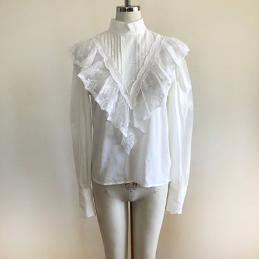 White/Ivory High-Neck Blouse with Embroidered Net Ruffle Yoke - 1970s 
