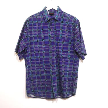vintage southwest BLUE and purple ikat FRESH PRINCE 90s short sleeve button up shirt-- size medium 
