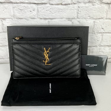 Saint Laurent YSL Monogram Chevron Quilted Pouch Bag/Wallet, Black/Gold