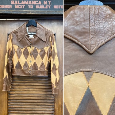 Vintage 1960’s Harlequin Diamond Mod Rocker Cropped Leather Jacket, 60’s Cropped Jacket, Vintage Clothing 