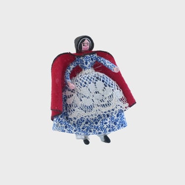 Mini Doll in a Blue dress and Red Cape, Vintage Handmade Miniature 