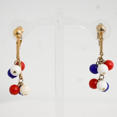 1960s Red, White, and Blue Bead Dangle Clip Earrings 