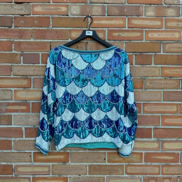 vintage 90s blue sequin oversized art deco fish scale blouse / m medium 