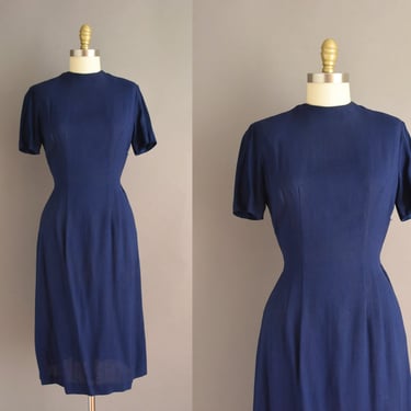 1950s dress | Navy Blue Cotton Linen Short Sleeve Day Dress | Large | 50s vintage dress 