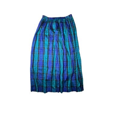 Vintage Herman Geist Blue Plaid Tartan Silk Taffeta Long Maxi Skirt, Size 14 