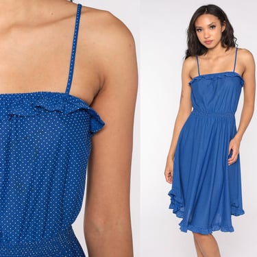 Blue Summer Dress 70s 80s Polka Dot Dress Knee Length Ruffle Sundress High Waist Retro Boho Vintage Bohemian Sun Spaghetti Strap Small S 