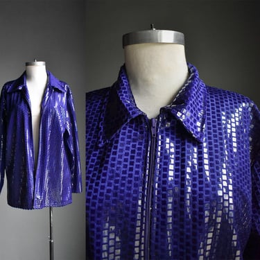 Vintage 90s Purple Disco Lightweight Jacket / Vintage Shiny Square Print Zip up Blouse / Vintage Purple Evening Jacket XL 