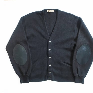 vintage black cardigan / fuzzy cardigan / 1950s black alpaca fuzzy knit elbow patch grandpa cardigan XL 