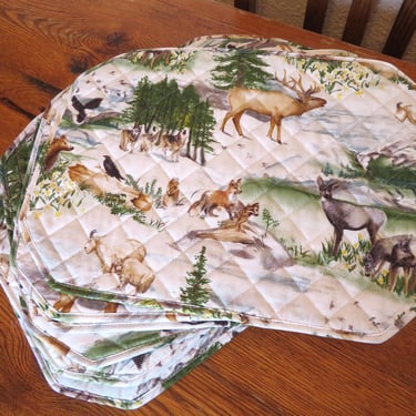 Vintage Placemats Set of 8 Quilted Forest Animals Deer Elk Bear 