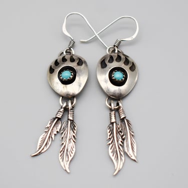 70's bear paw & feathers sterling turquoise dangles, 925 silver tribal Southwestern shadow box earrings 